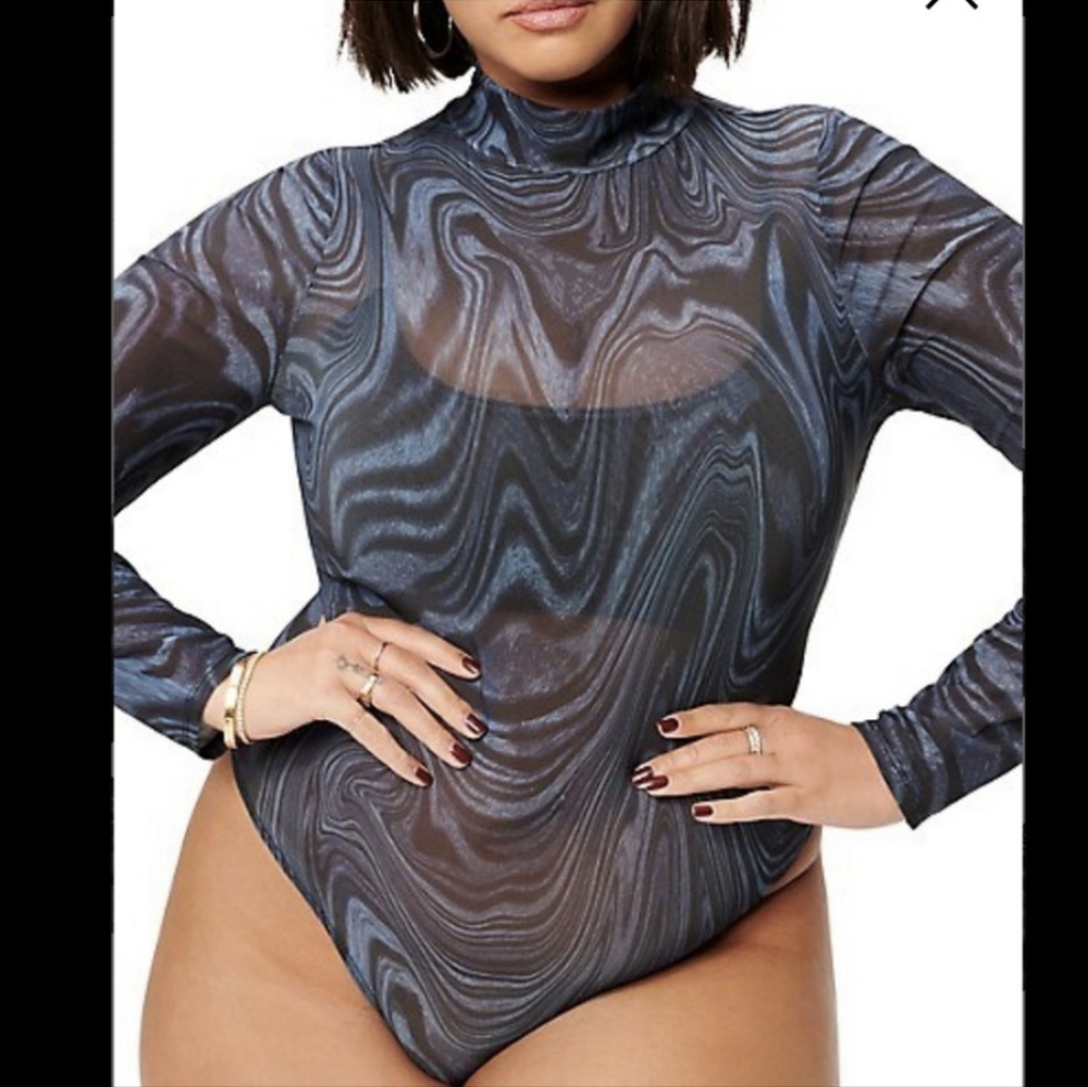 Good American NEW Moody Mesh Animal Print Bodysuit Long Sleeves Sheer Stretch